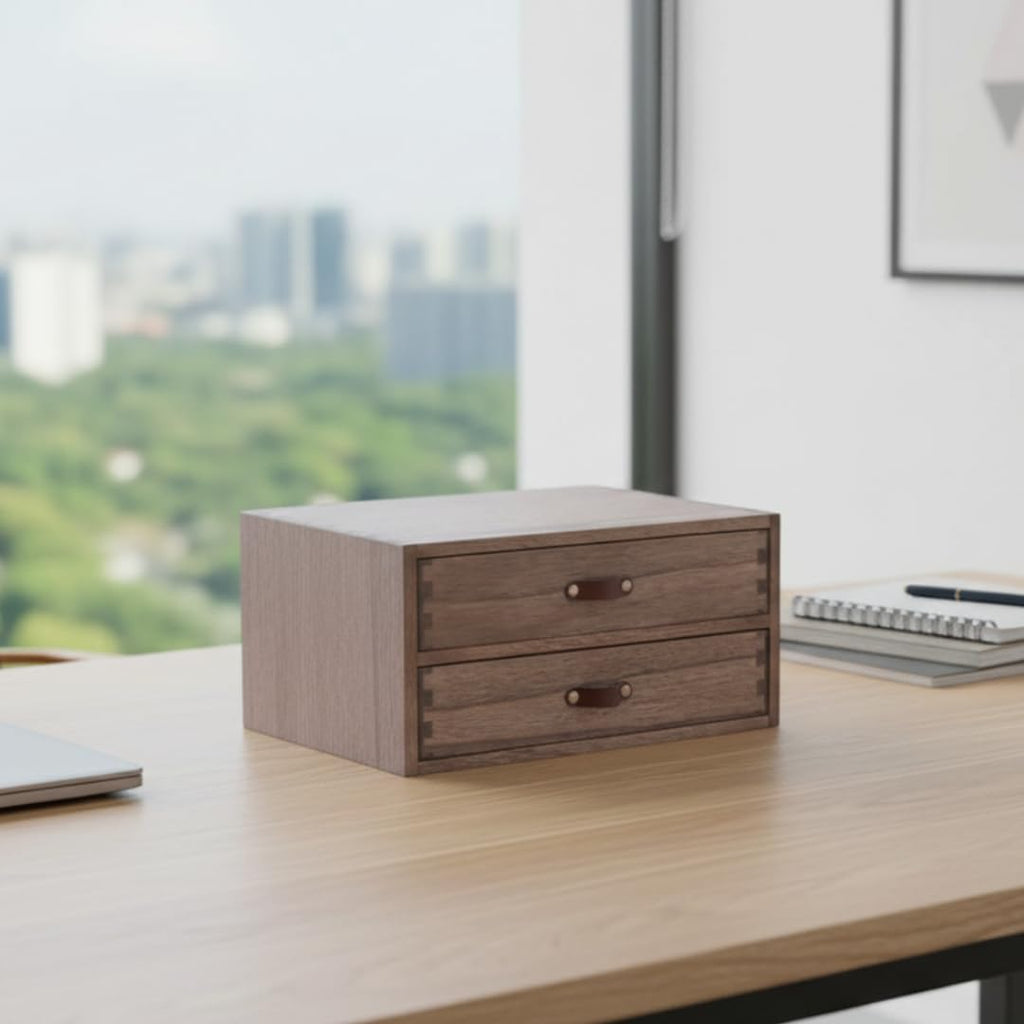 Dark Wood 2-Drawer Desktop Storage Organizer Cabinet