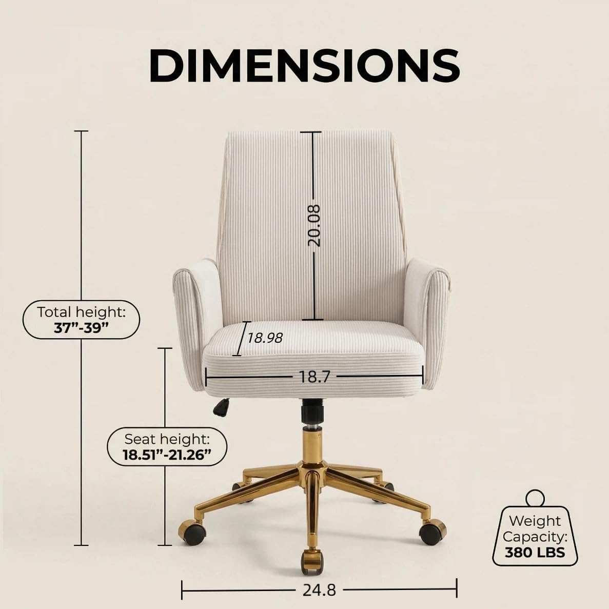 Cream Striped Velvet Adjustable Swivel Task Chair