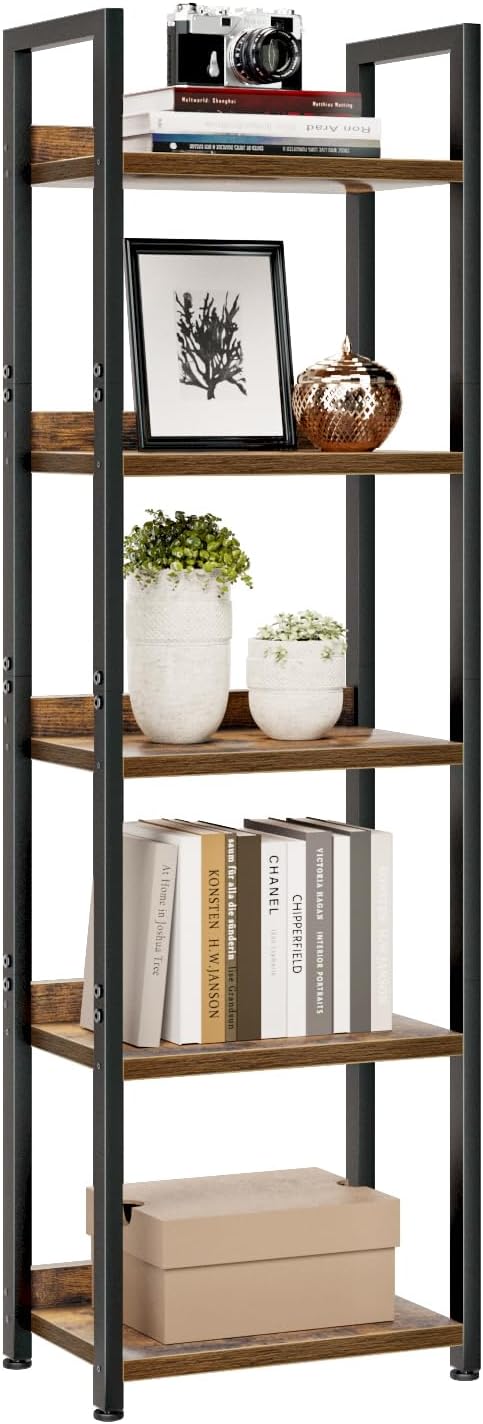 Vintage Narrow 5-Tier Wood Metal Bookshelf