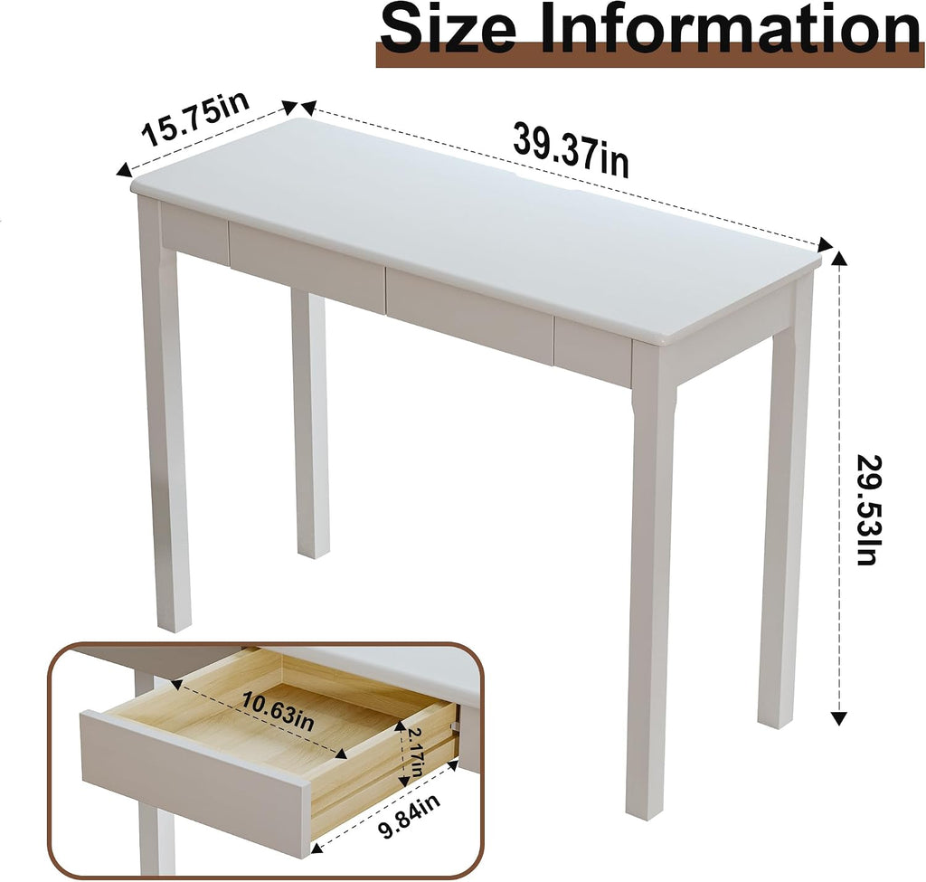 White Rubber Wood Desk with Drawers