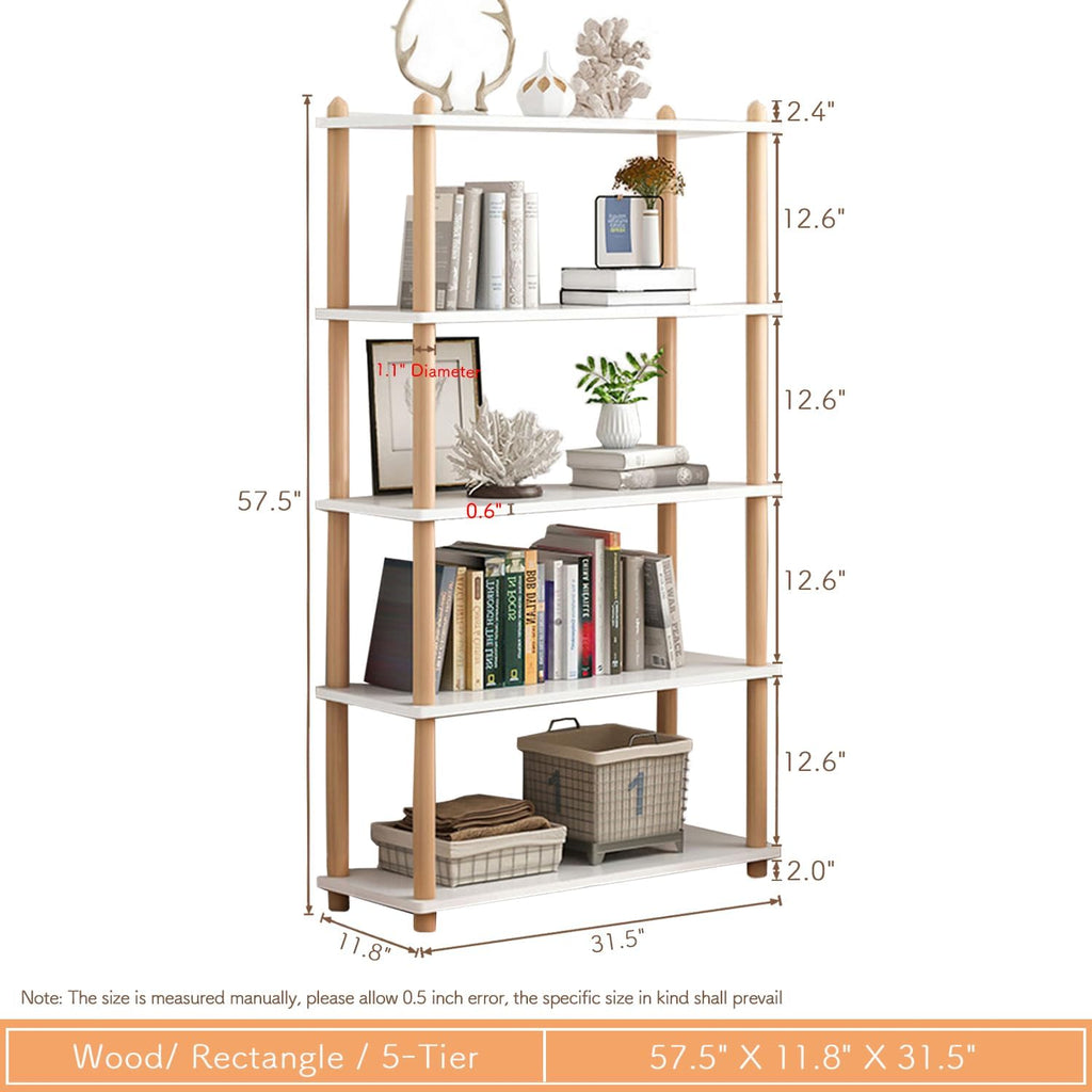 White Beech Wood 5-Tier Open Bookshelf