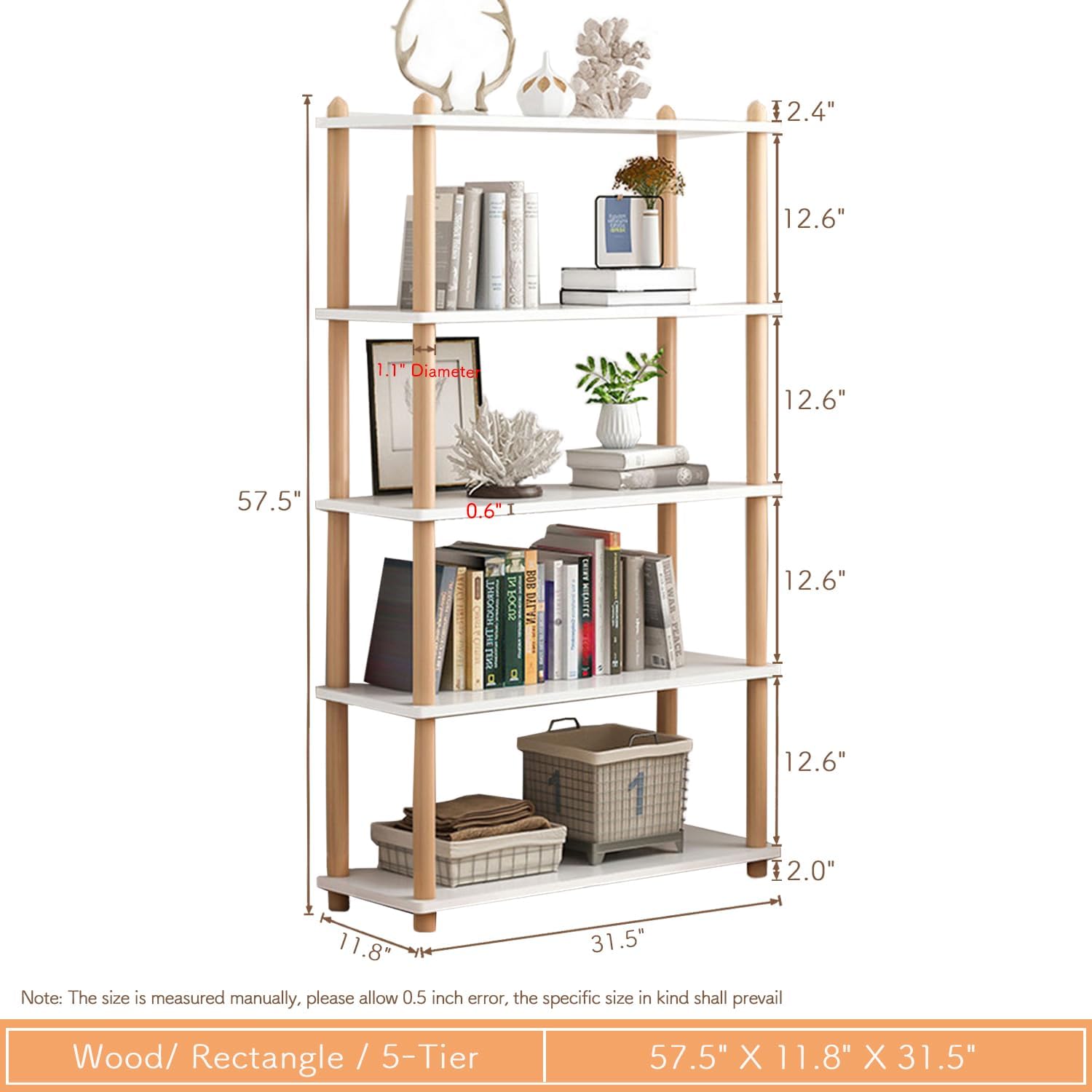 White Beech Wood 5-Tier Open Bookshelf