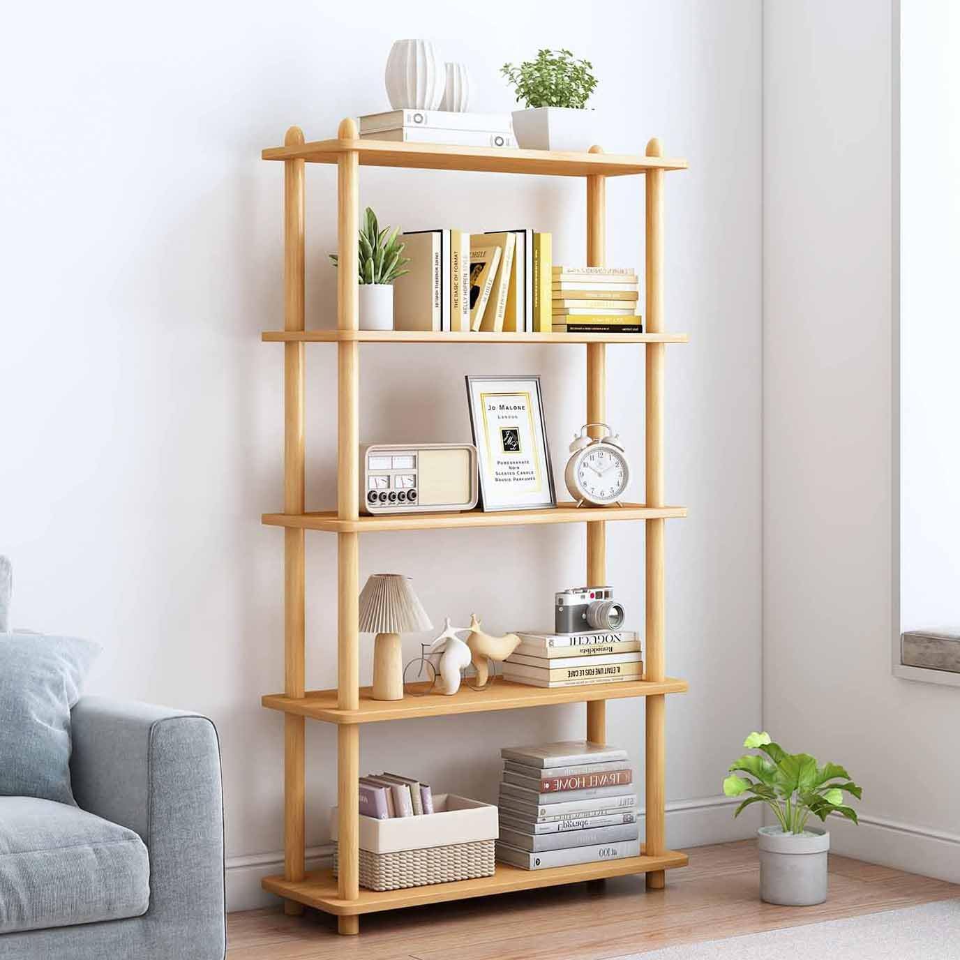 Oak Beech Wood 5-Tier Open Bookshelf