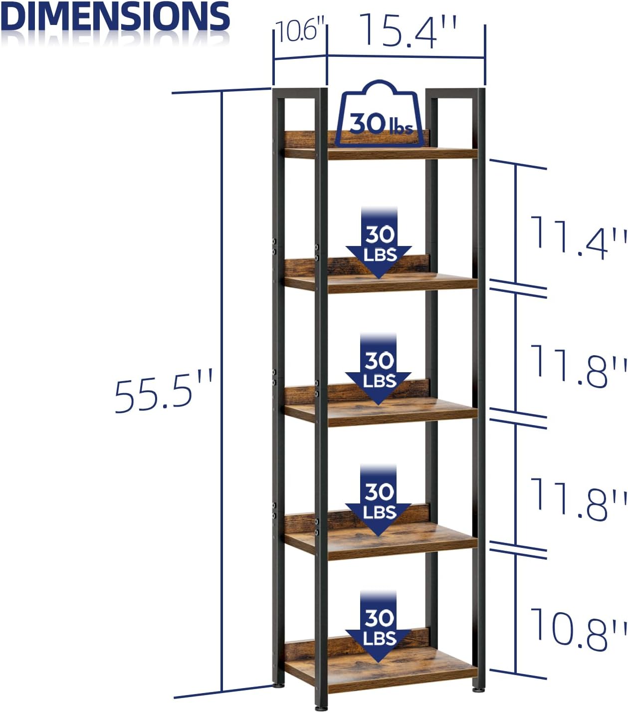 Vintage Narrow 5-Tier Wood Metal Bookshelf