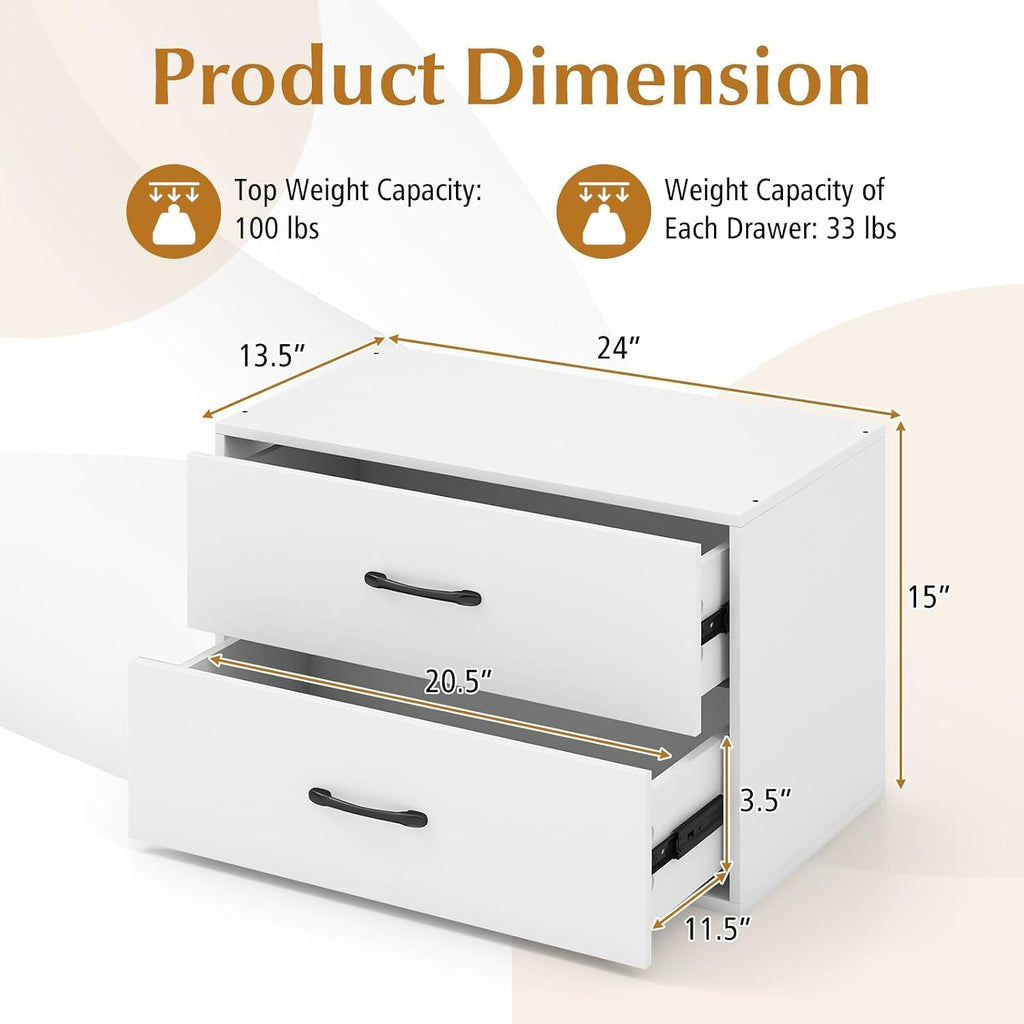 24" White Stackable 2-Drawer Compact Storage Dresser