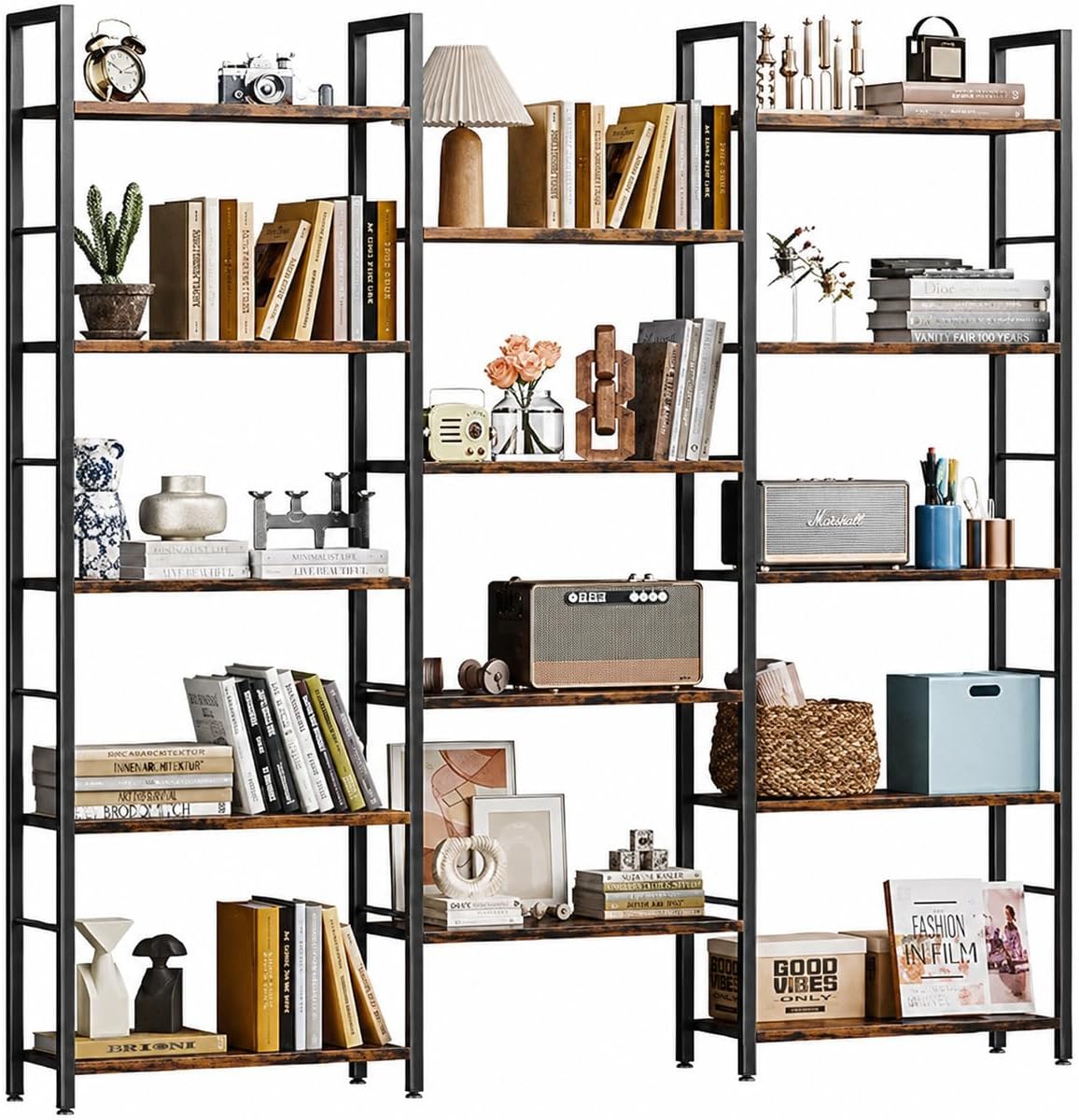 Brown Industrial Wide Triple Bookshelf