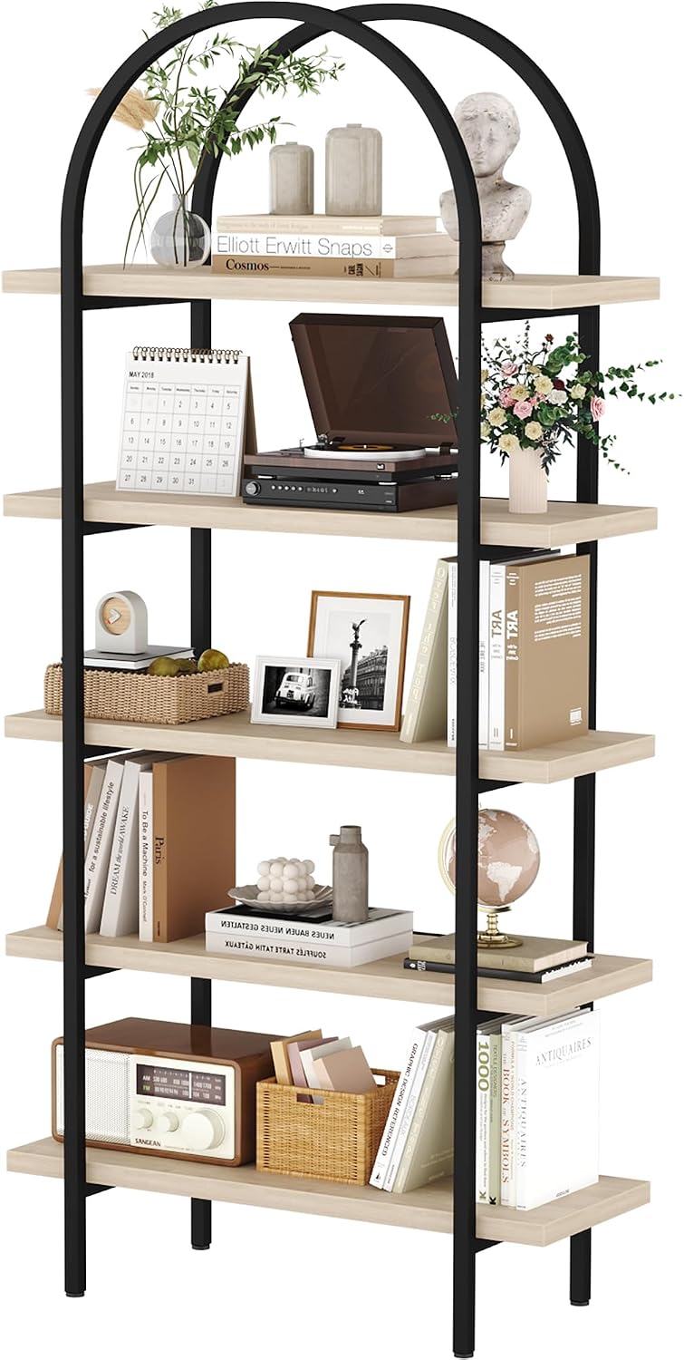 Natural Wood Arched 5-Tier Industrial Bookshelf