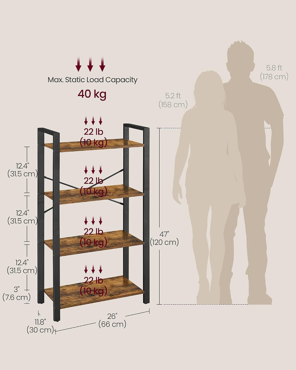 Rustic Brown Industrial 4-Tier Bookshelf