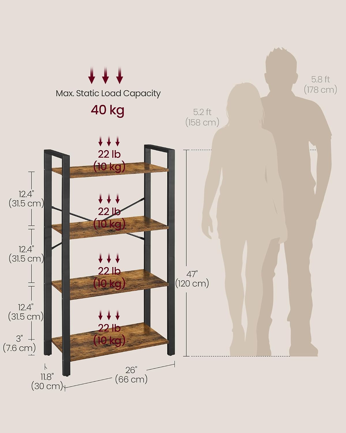 Rustic Brown Industrial 4-Tier Bookshelf
