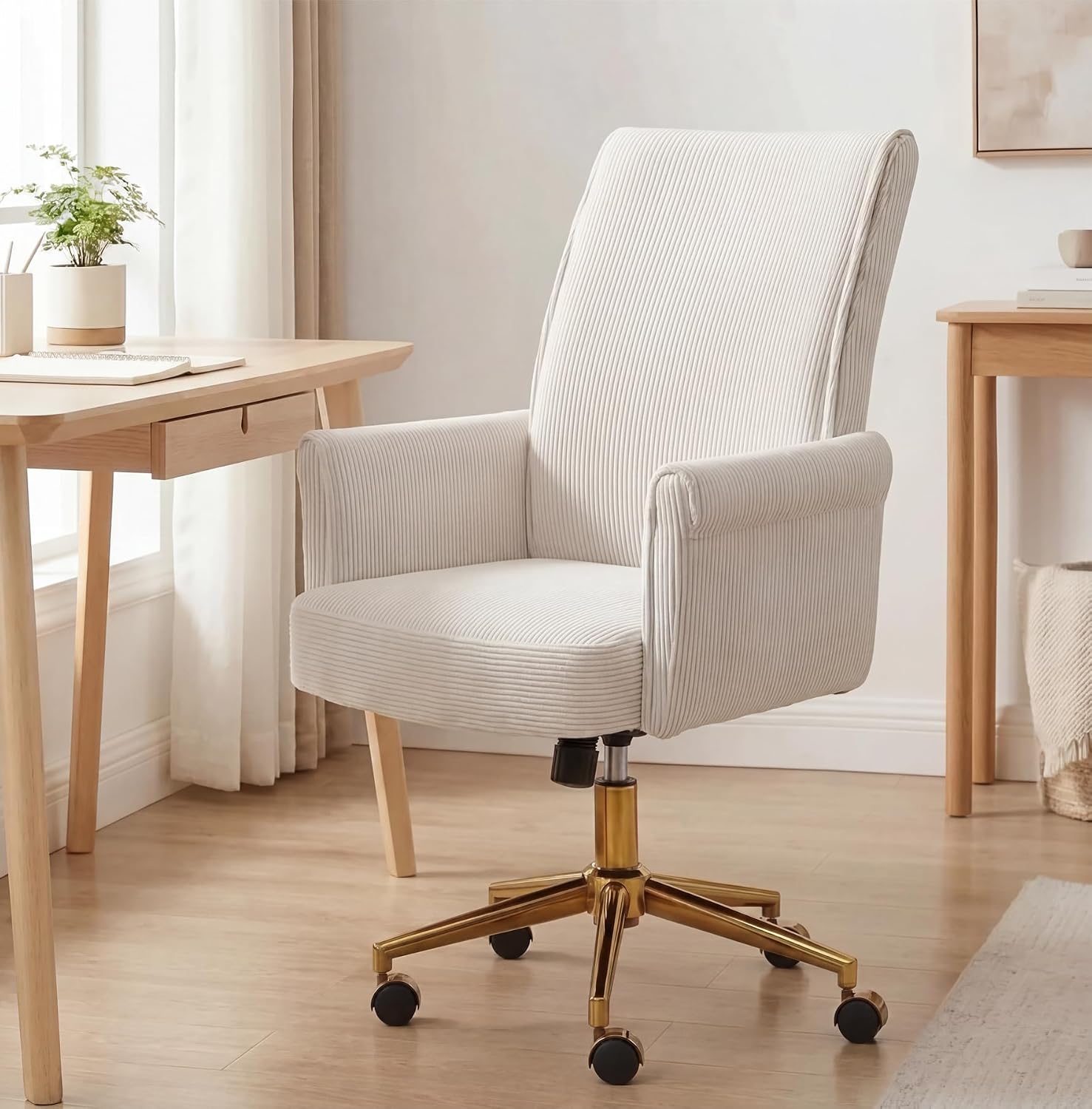 Cream Striped Velvet Adjustable Swivel Task Chair