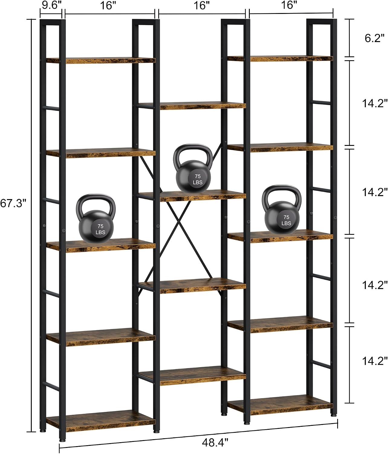 Brown Rustic Wood Metal 5-Tier Display Bookshelf