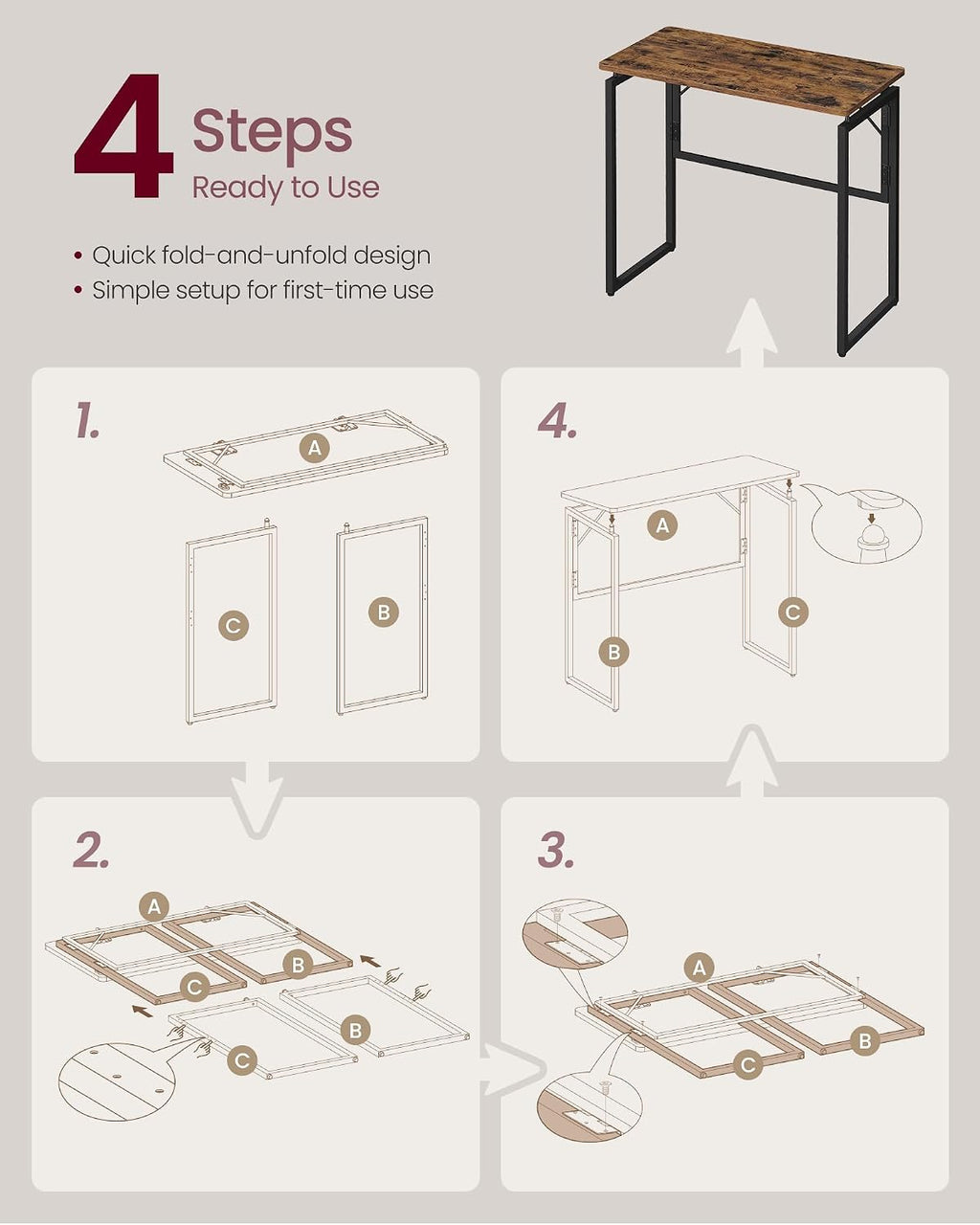 Rustic Brown Foldable Small Desk