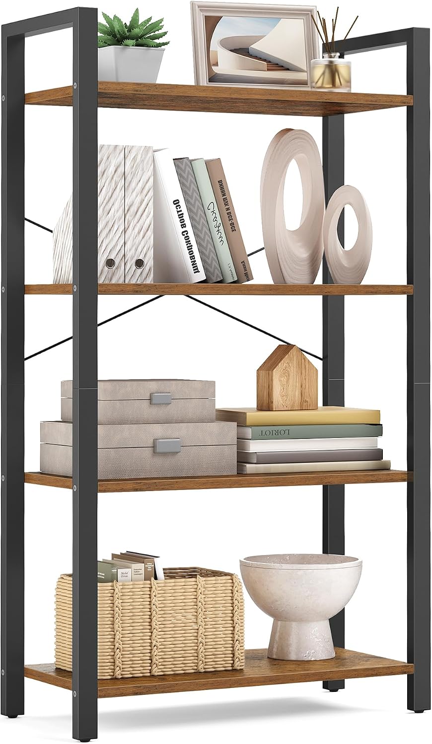 Rustic Brown Industrial 4-Tier Bookshelf