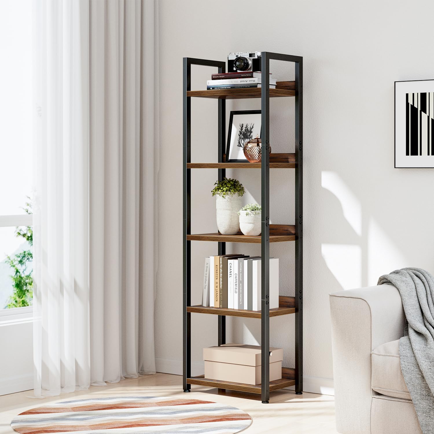 Vintage Narrow 5-Tier Wood Metal Bookshelf