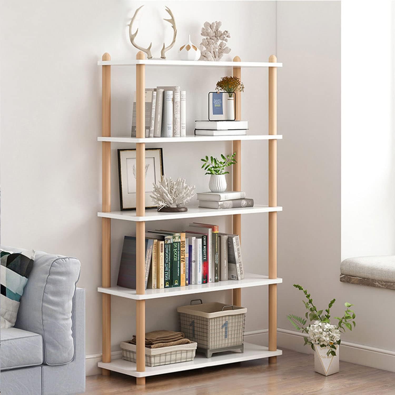 White Beech Wood 5-Tier Open Bookshelf