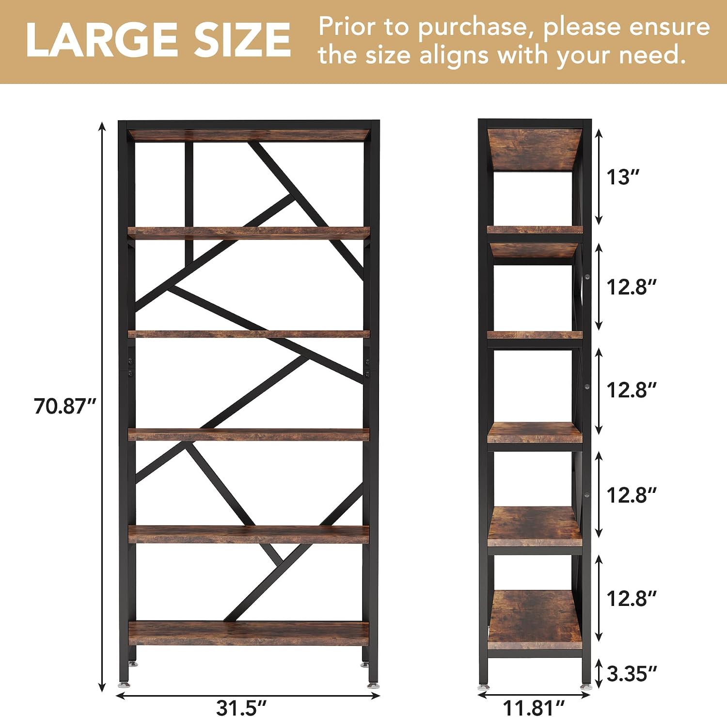 71" Industrial 6-Tier Open Bookshelf