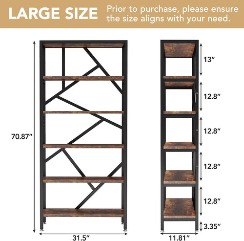 71" Industrial 6-Tier Open Bookshelf