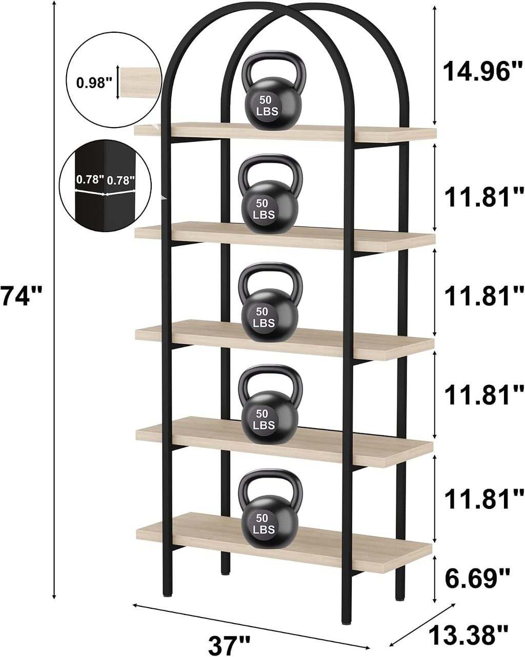 Natural Wood Arched 5-Tier Industrial Bookshelf