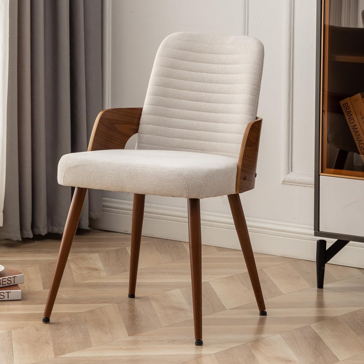 Beige Fabric Mid Century Armless Dining Chair