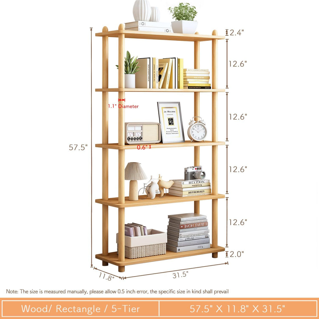 Oak Beech Wood 5-Tier Open Bookshelf