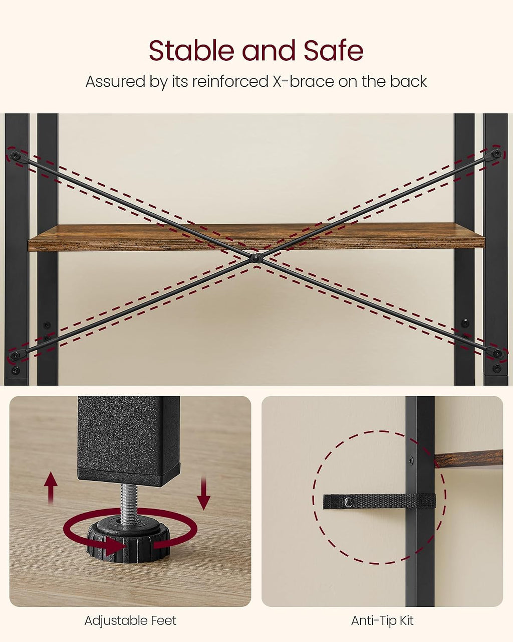 Rustic Brown Industrial 4-Tier Bookshelf