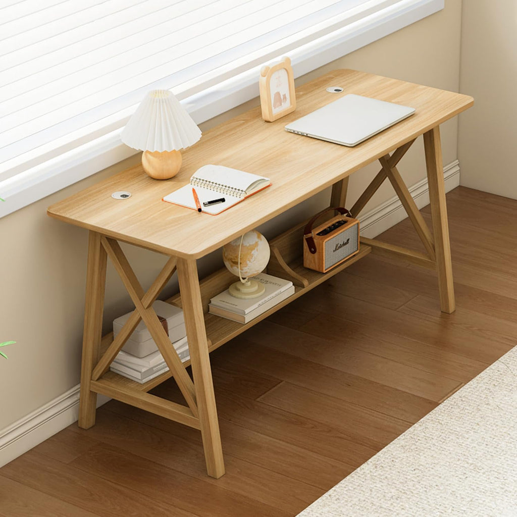 Oak Wooden Desk With Bookshelf Storage