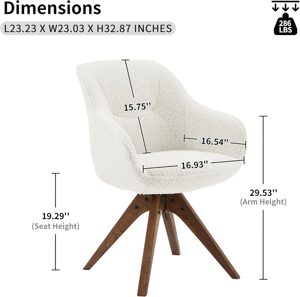 White Boucle Oak Leg Swivel Accent Chair