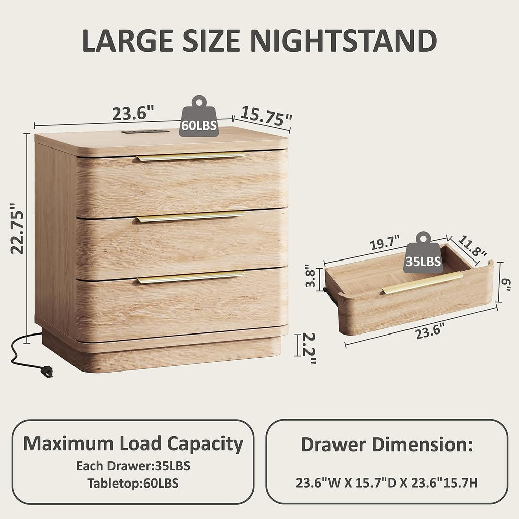 Set of 2 Charging Station 3-Drawer Wood Nightstands