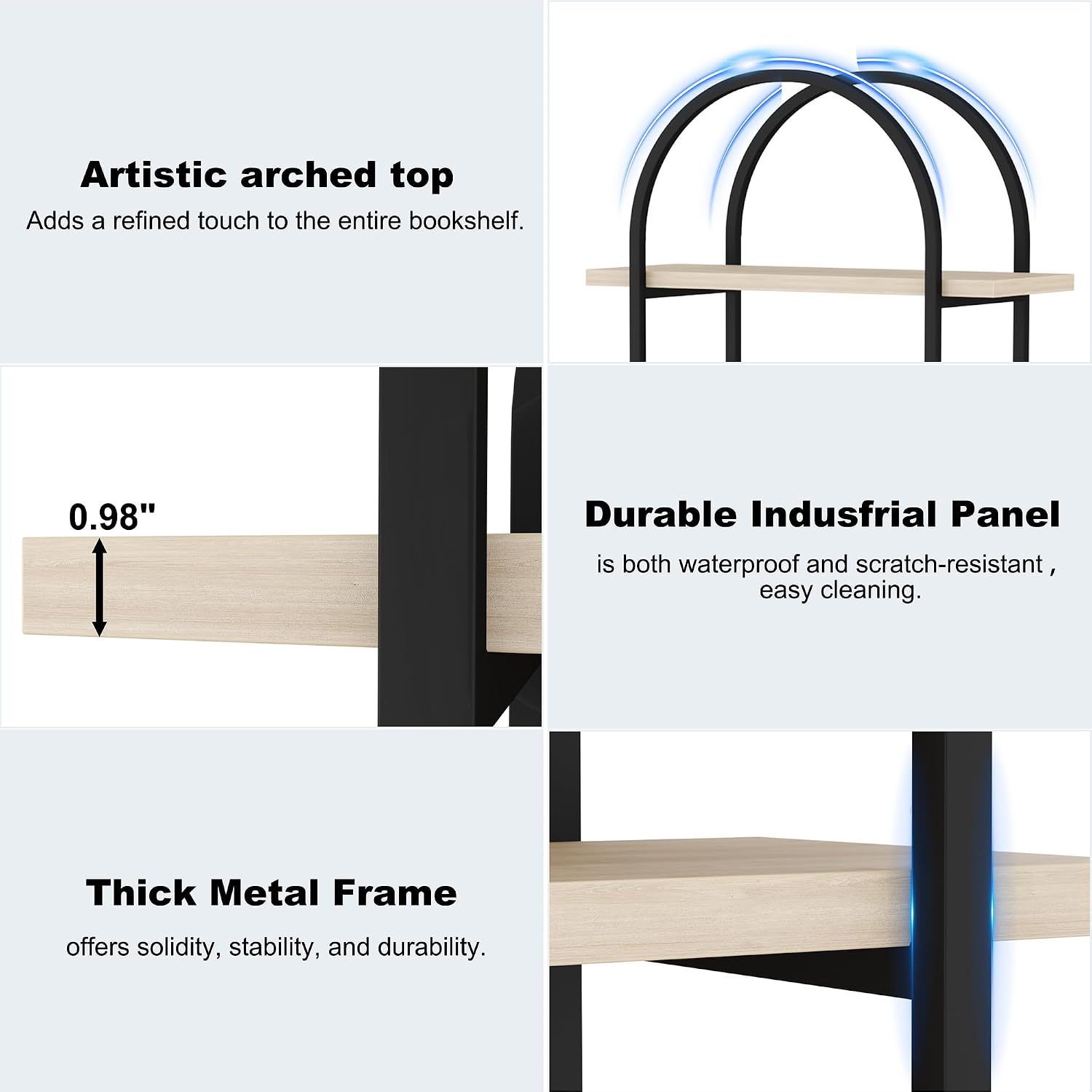 Natural Wood Arched 5-Tier Industrial Bookshelf