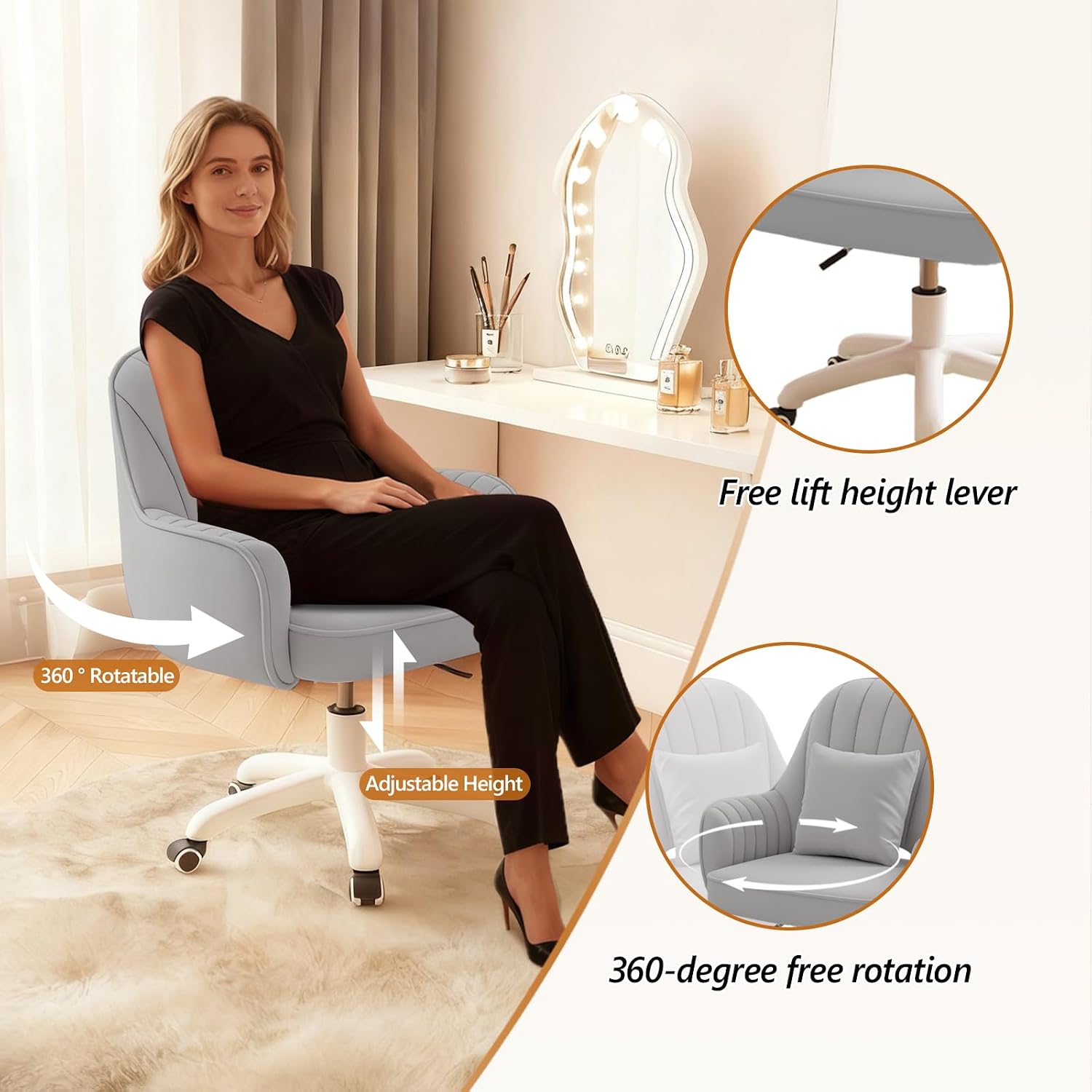Grey Velvet Adjustable Swivel Vanity Chair
