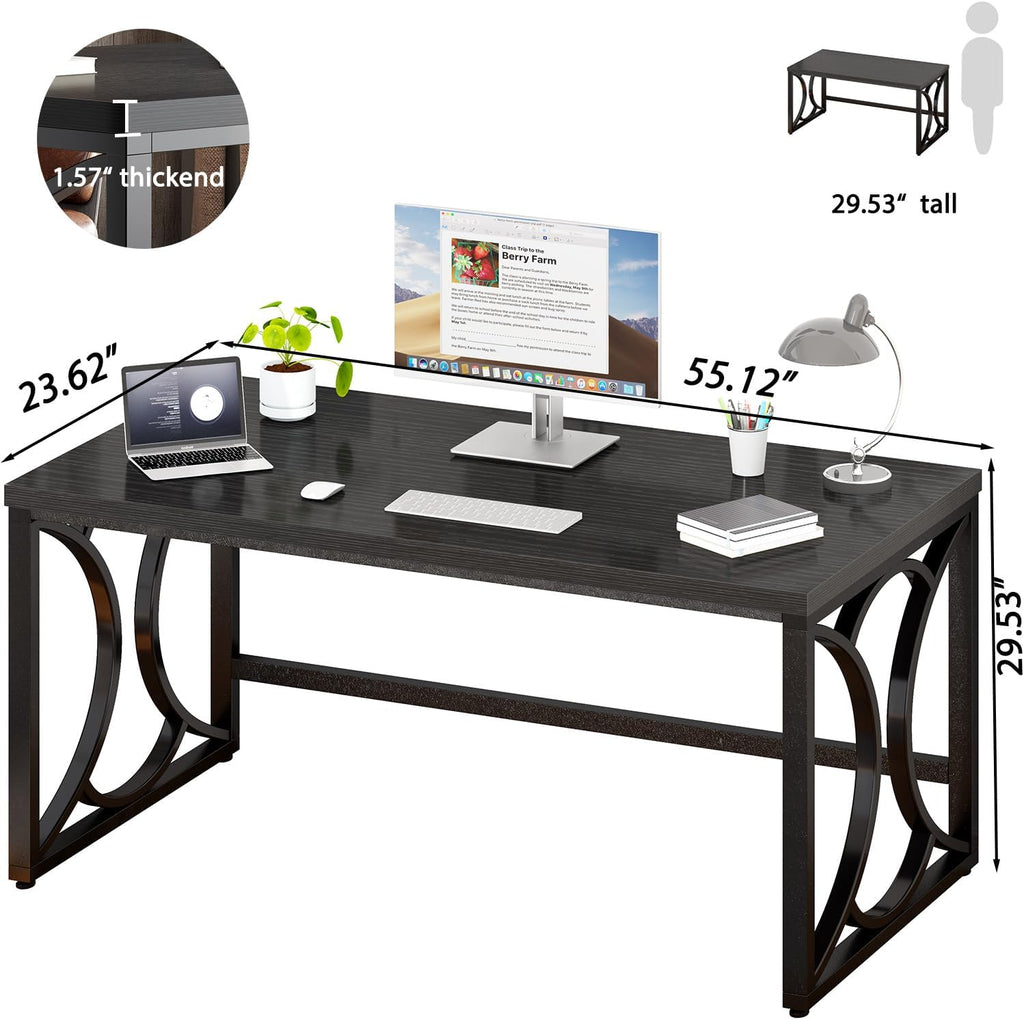 55 Inch Industrial Black Metal Wood Computer Desk