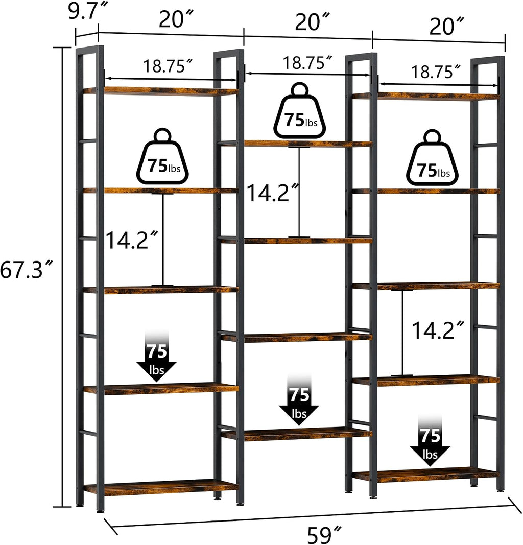 Brown Industrial Wide Triple Bookshelf