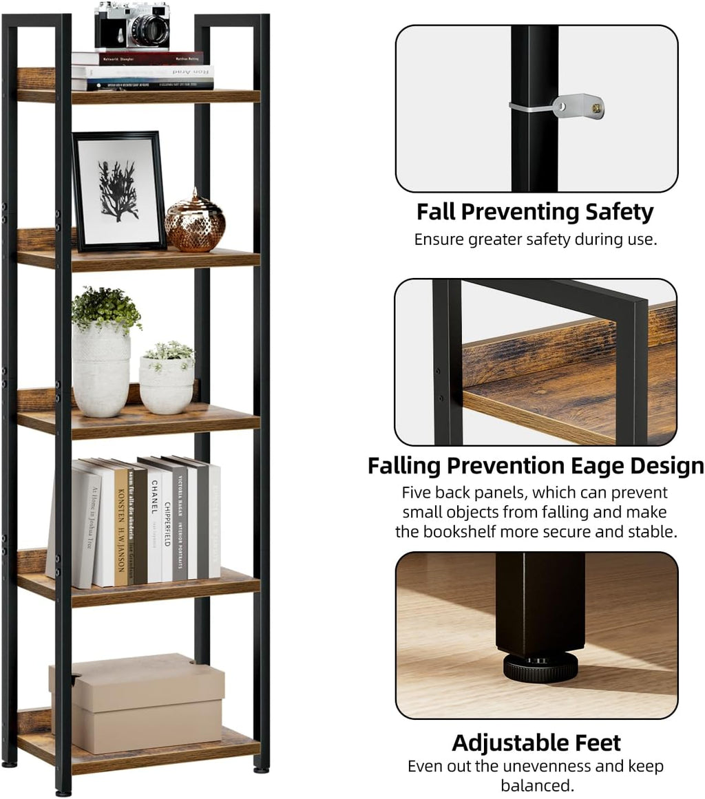 Vintage Narrow 5-Tier Wood Metal Bookshelf