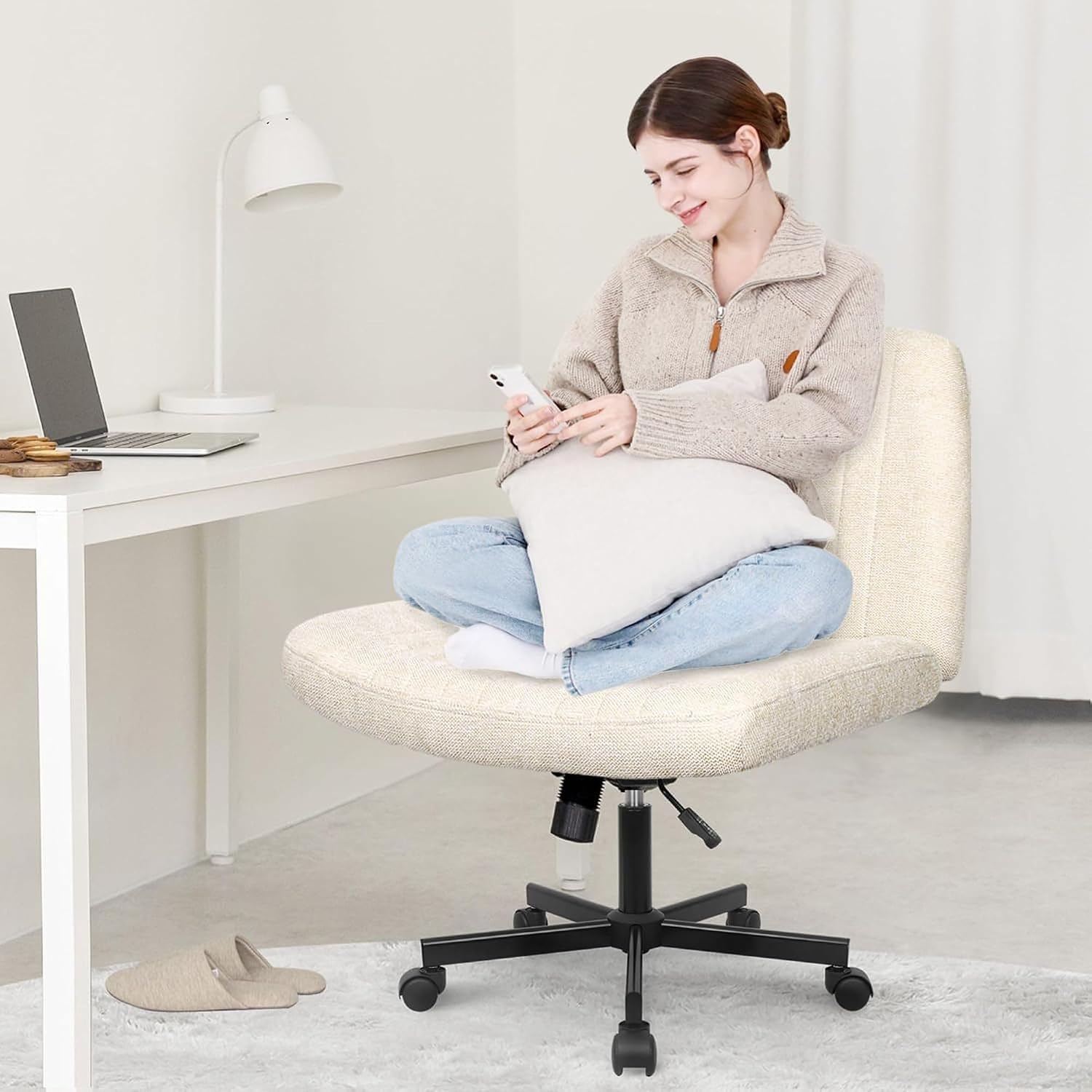 Beige Fabric Cross Leg Swivel Task Chair