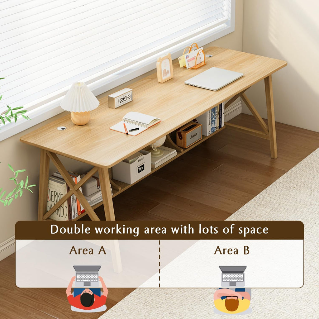 Oak Wooden Desk With Bookshelf Storage