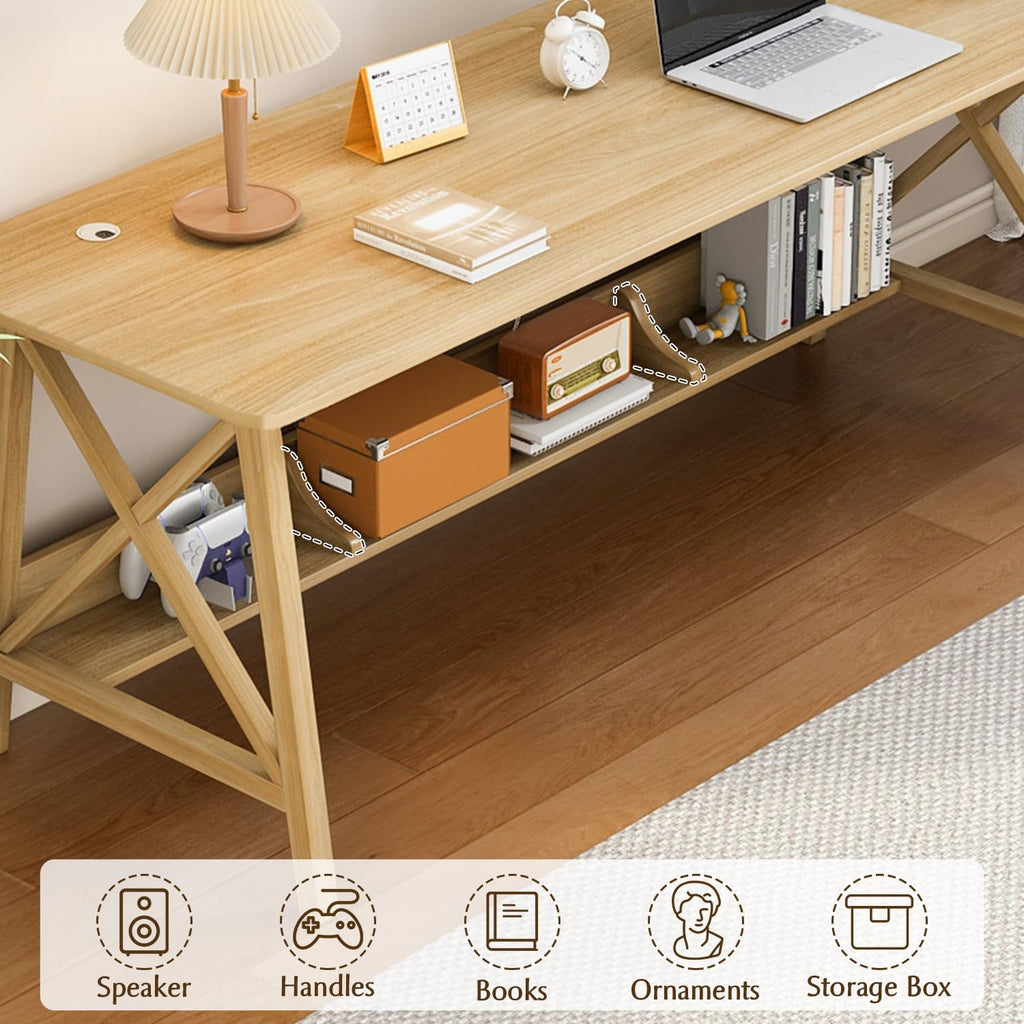 Oak Wooden Desk With Bookshelf Storage