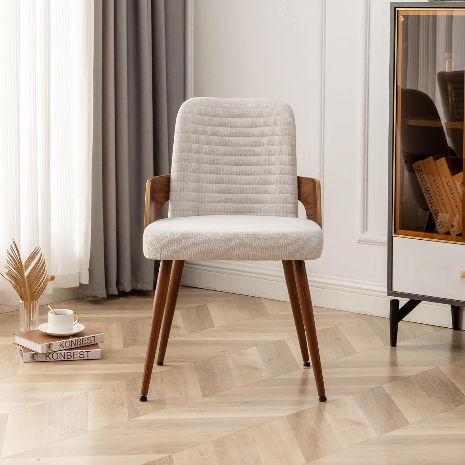 Beige Fabric Mid Century Armless Dining Chair