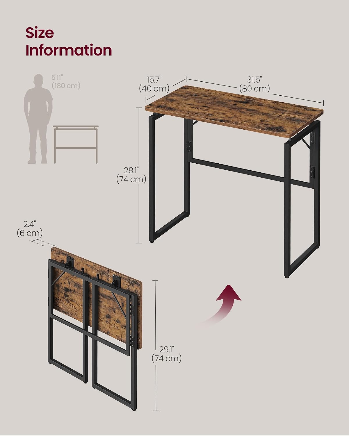 Rustic Brown Foldable Small Desk