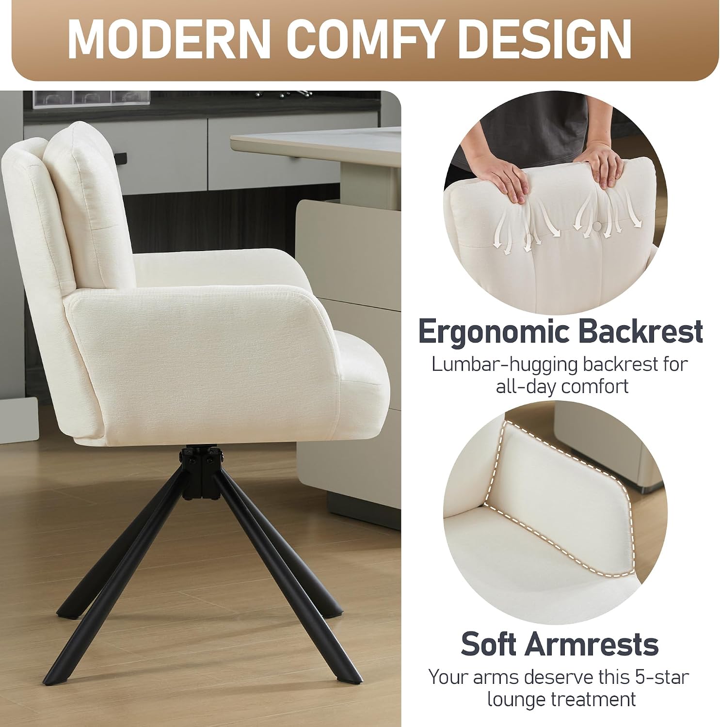 White Fabric Mid Back Swivel Dining Chair