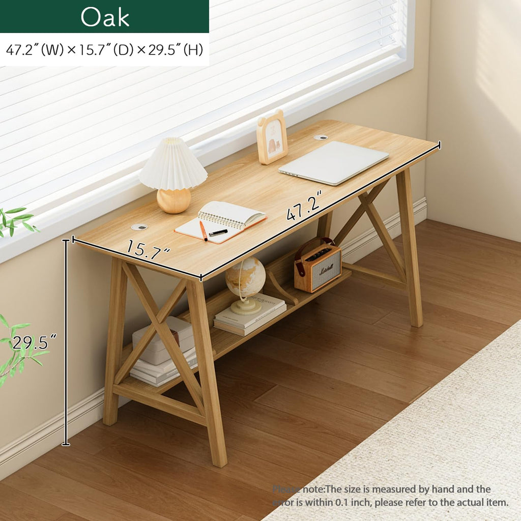 Oak Wooden Desk With Bookshelf Storage