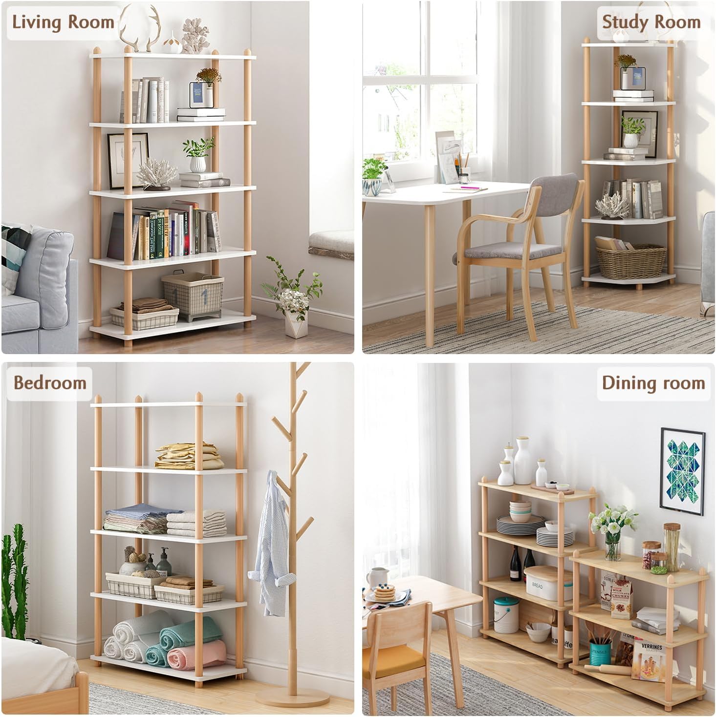 White Beech Wood 5-Tier Open Bookshelf