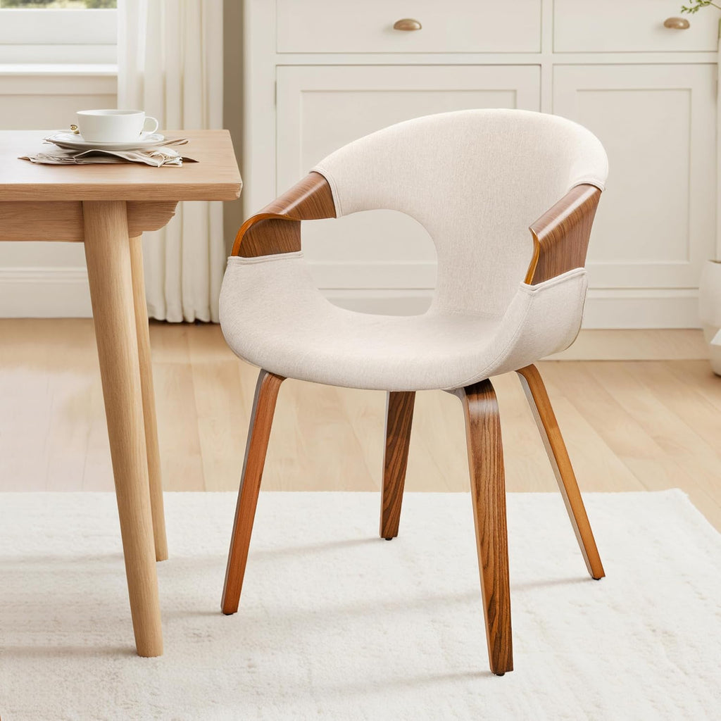 Beige Fabric Walnut Leg Dining Arm Chair