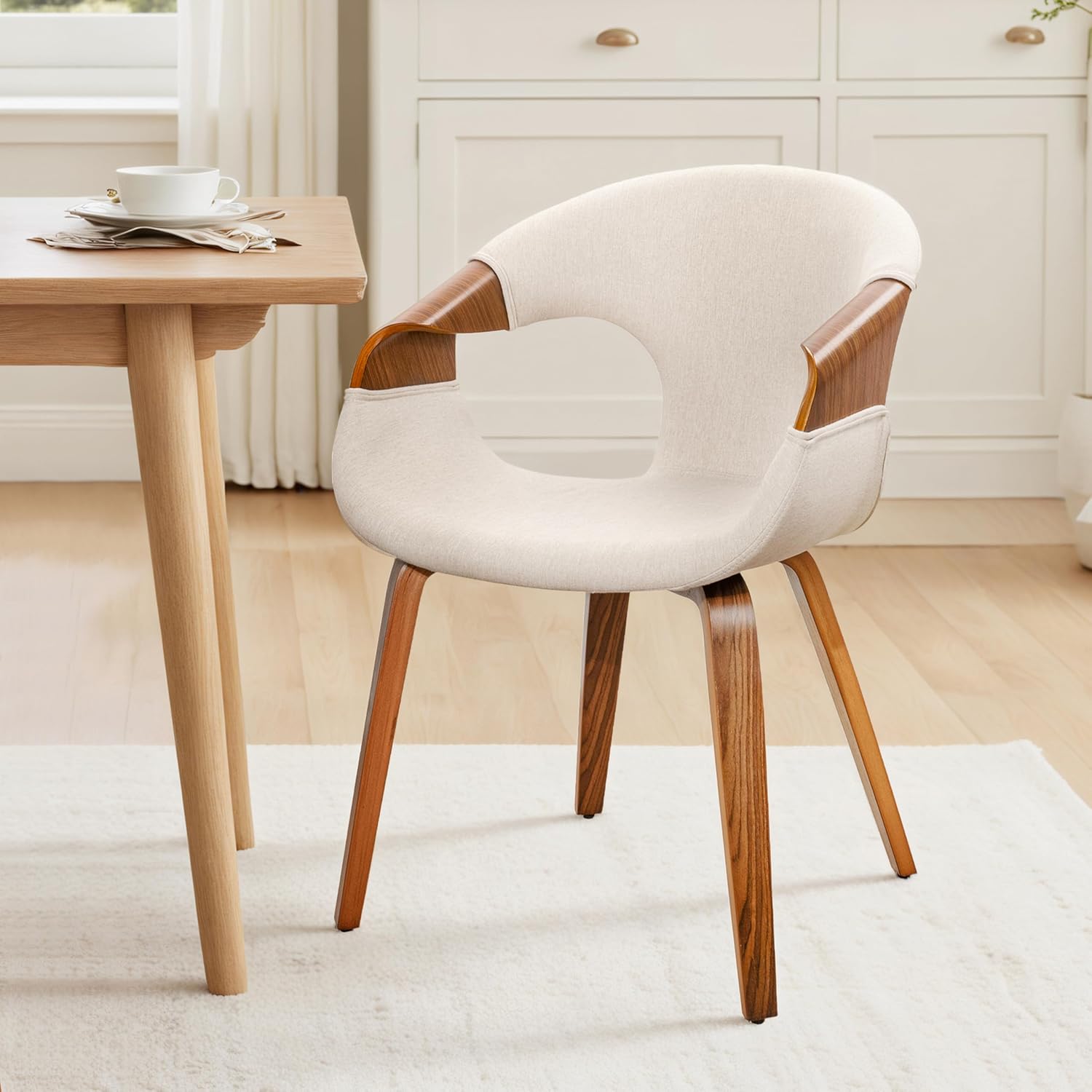 Beige Fabric Walnut Leg Dining Arm Chair
