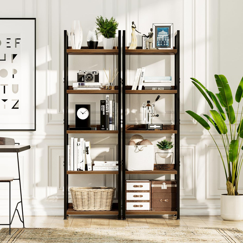 Vintage Narrow 5-Tier Wood Metal Bookshelf