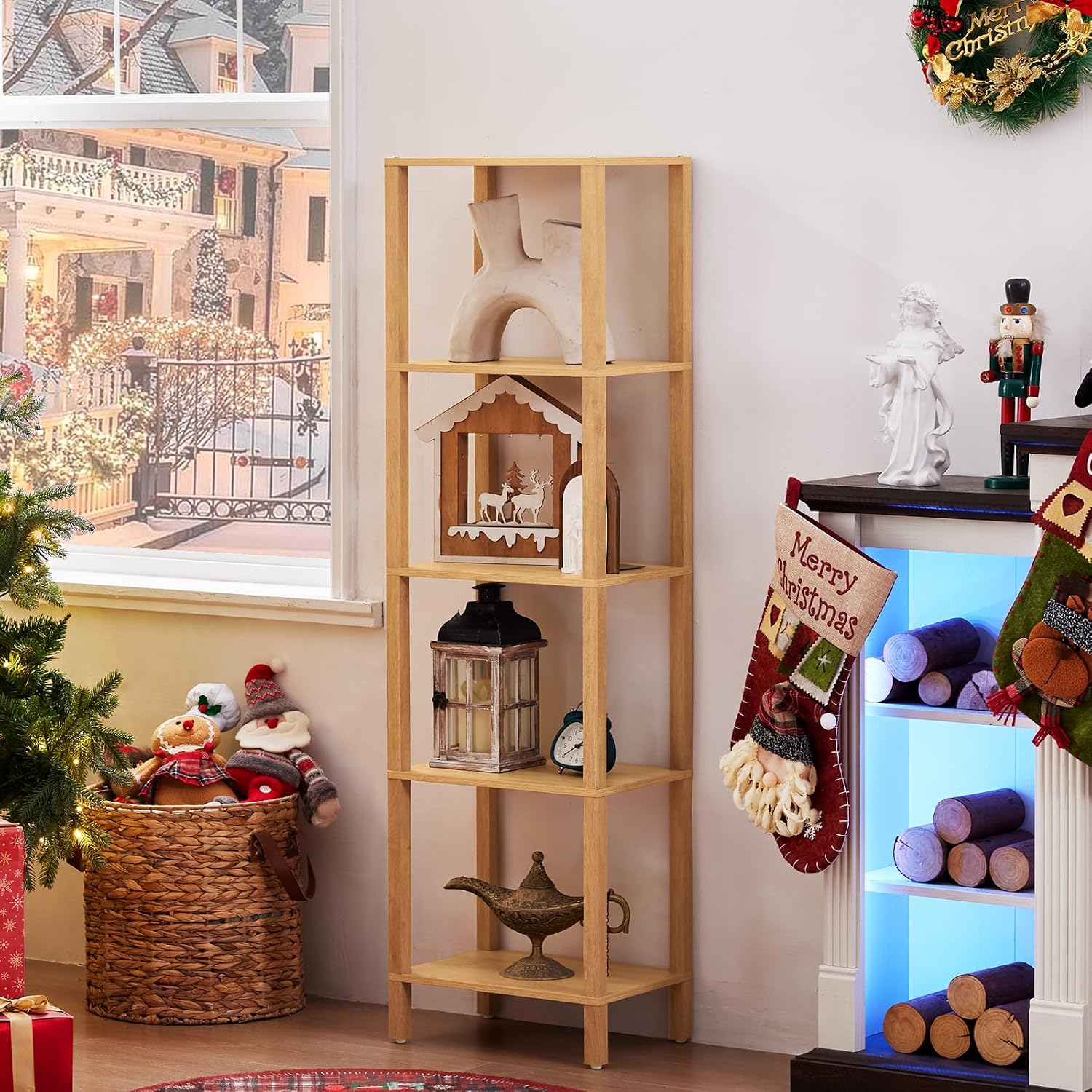 Natural Farmhouse 5-Tier Narrow Bookshelf