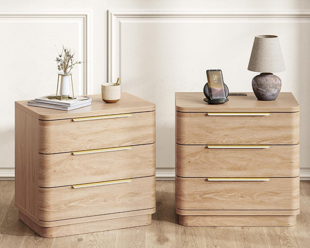 Set of 2 Charging Station 3-Drawer Wood Nightstands