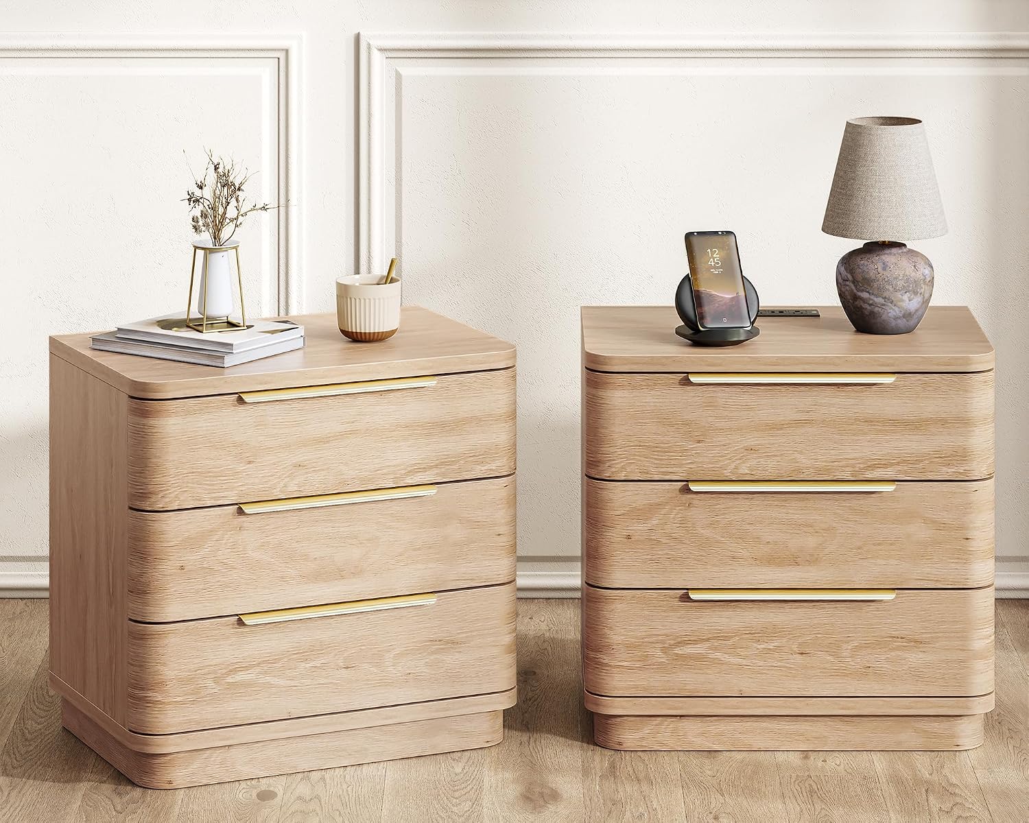 Set of 2 Charging Station 3-Drawer Wood Nightstands