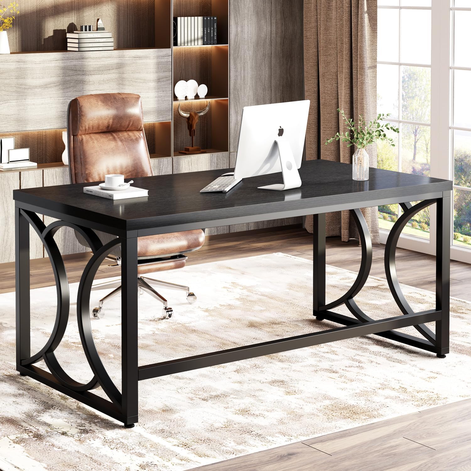 55 Inch Industrial Black Metal Wood Computer Desk