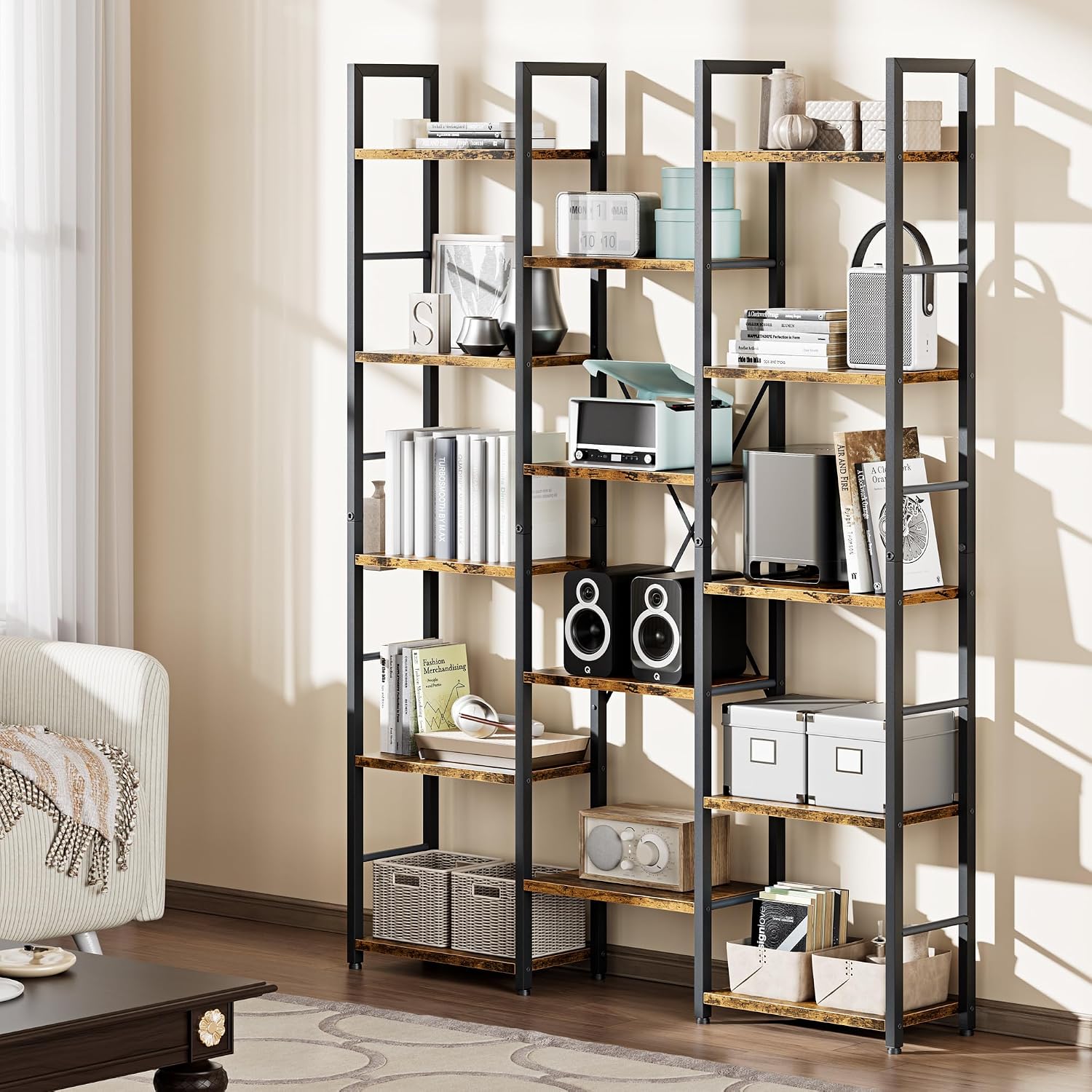 Brown Rustic Wood Metal 5-Tier Display Bookshelf