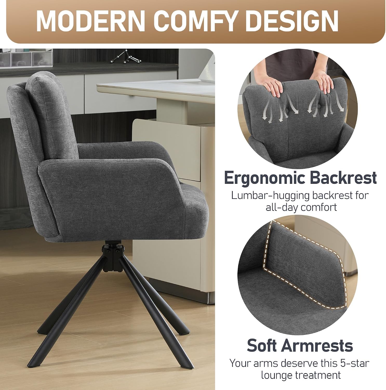 Grey Fabric Mid Back Swivel Dining Chair
